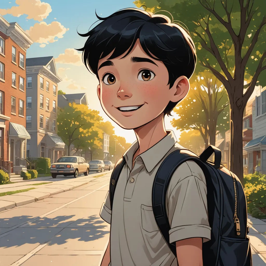 a boy with a backpack standing on a street corner in front of a row of houses and a tree, vancouver school, a comic book panel, Cliff Childs, rossdraws global illumination