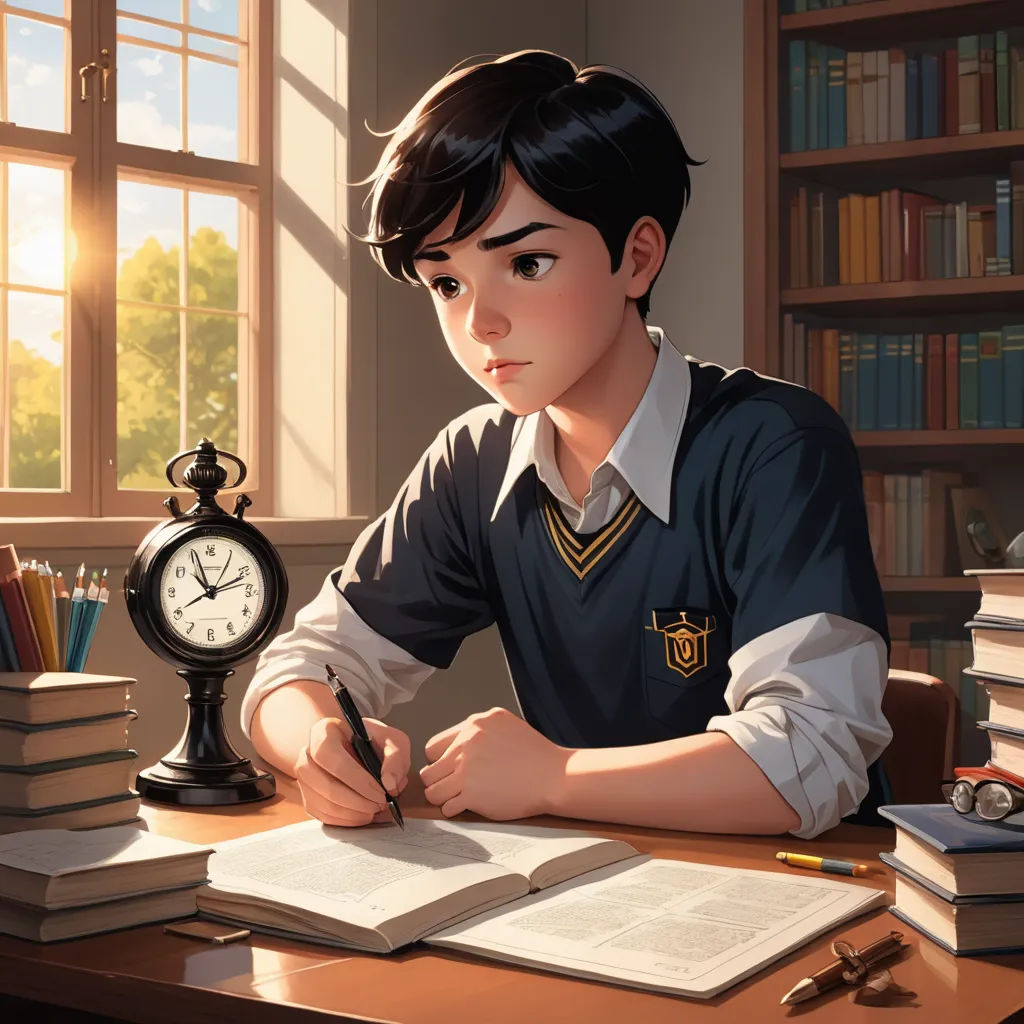 a boy sitting at a desk with a book and a pen in his hand and a clock on the desk, sots art, a character portrait, Atey Ghailan, rossdraws global illumination