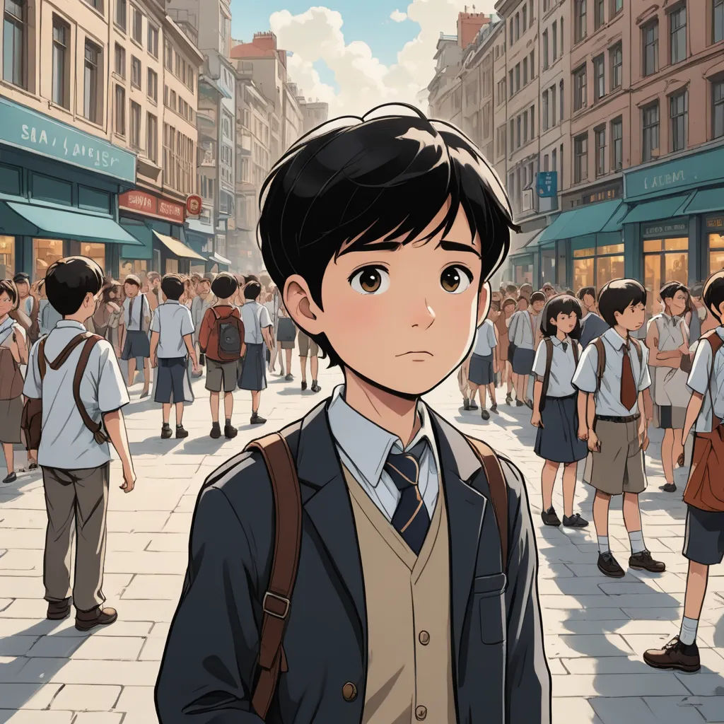 a boy in a school uniform standing in front of a crowd of people on a city street with buildings, photorealism, a comic book panel, Asaf Hanuka, yukito kishiro