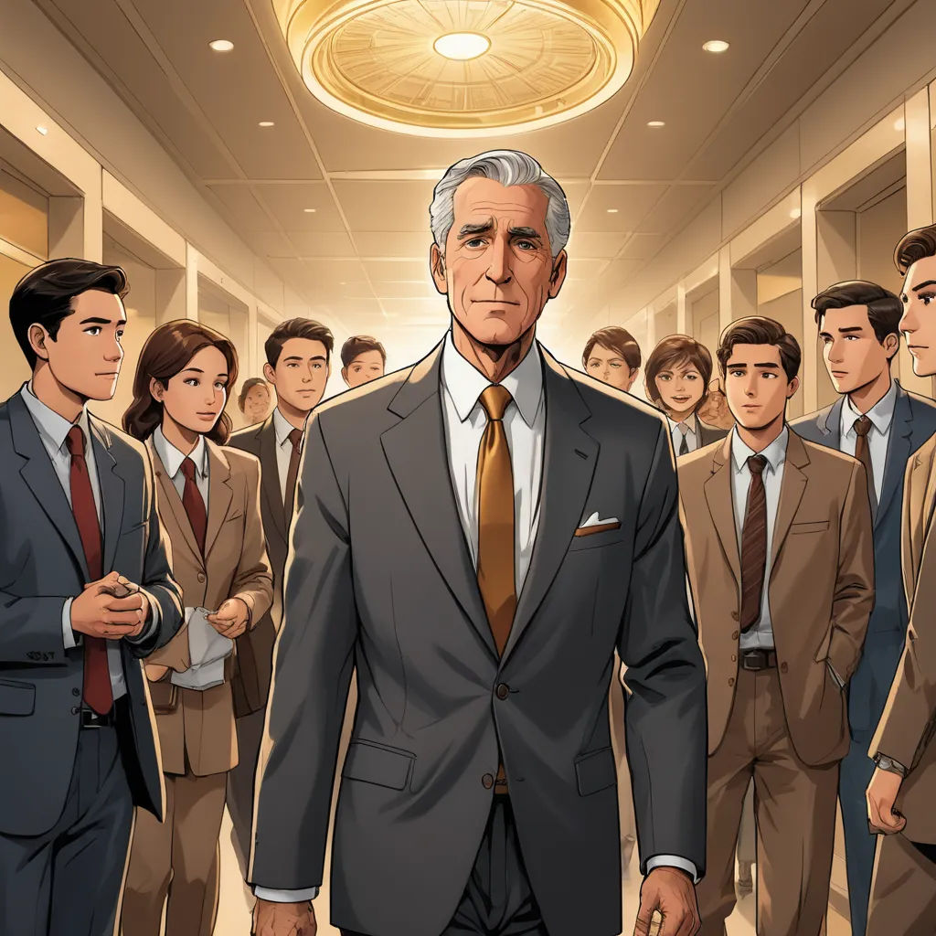 a man in a suit and tie standing in front of a group of people in suits and ties in a hallway, socialist realism, a comic book panel, Barron Storey, official art