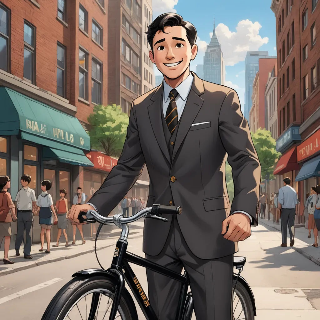 a man in a suit is standing next to a bike on a city street with people walking and walking, american scene painting, a character portrait, Alson S. Clark, official art