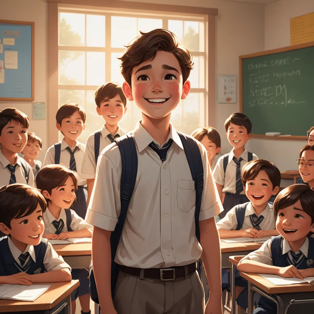 a boy in a classroom with a group of children behind him smiling at the camera with a smile on his face, vancouver school, a storybook illustration, Alejandro Burdisio, rossdraws global illumination