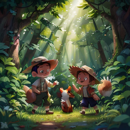two children in the woods with a fox and a fox cub in front of them, with sunlight streaming through the trees