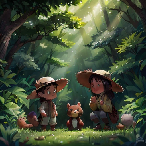 two children in the woods with a bear and a bear cub in front of them, with a light shining through the trees