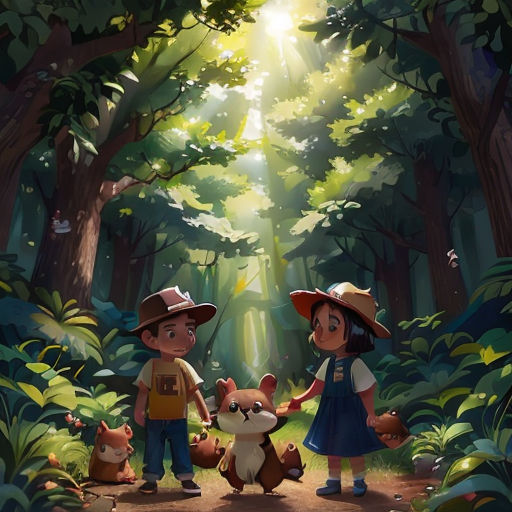 a couple of kids standing next to each other in a forest with a dog and cat on a dirt road