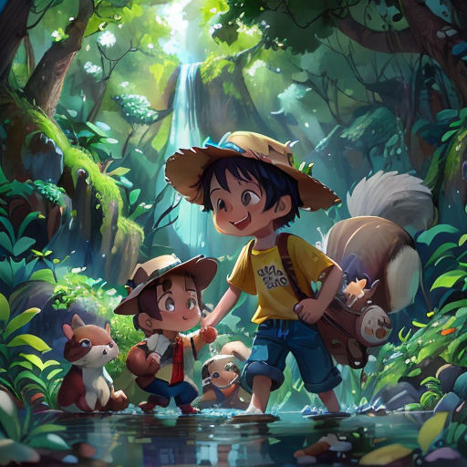 a boy and a girl are standing in the woods with a waterfall in the background and a forest with a waterfall in the background