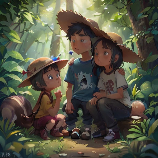 three children sitting on a tree stump in the woods with a hat on their head and a dog on their lap