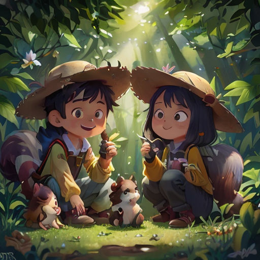 two children in hats sitting in the woods with a dog and a cat on the ground next to them