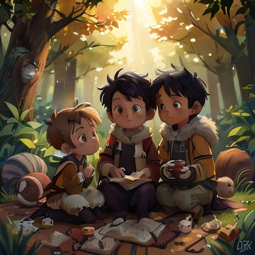 three children sitting on a log in the woods reading a book and eating food from a bowl of soup