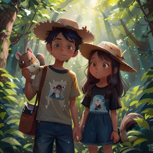 a couple of people standing in a forest with a cat on their shoulder and a dog on their shoulder