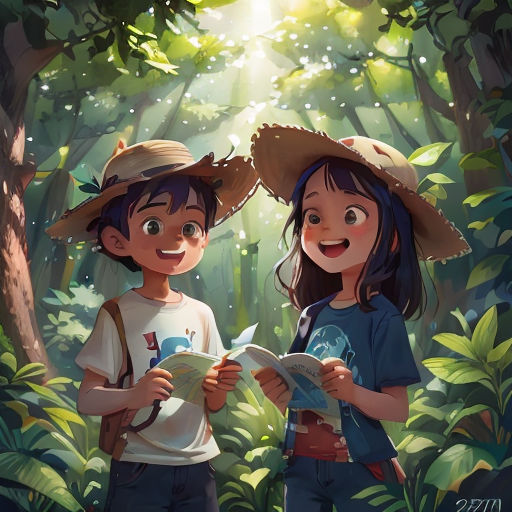 two children are standing in the woods looking at a map and smiling at the camera, with the sun shining through the trees