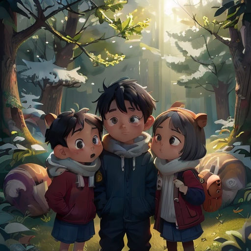 three children standing in the woods with a forest background and sunlight shining through the trees behind them, and a forest scene behind them