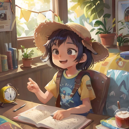 a young girl sitting at a table with a book and a clock in front of her, reading a book