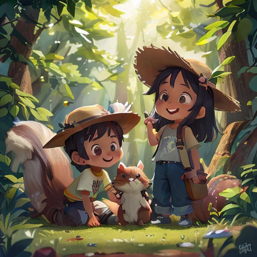 two children in the woods with a squirrel and a squirrel on their lap, one of them is holding a squirrel