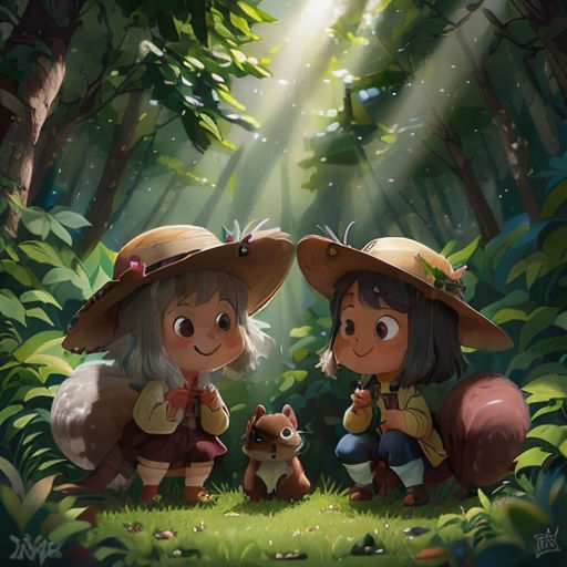 two children in hats sitting in the woods with a dog and a squirrel on the ground in front of them