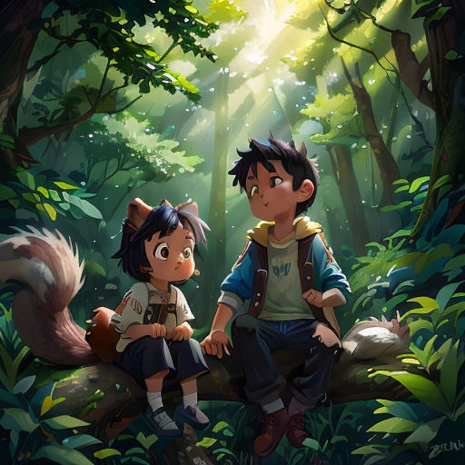two children sitting on a tree branch in the woods with a squirrel on their lap and a squirrel on their lap