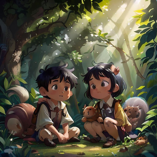 two children sitting in the woods with a teddy bear in their lap and a bear in their backpack on the ground