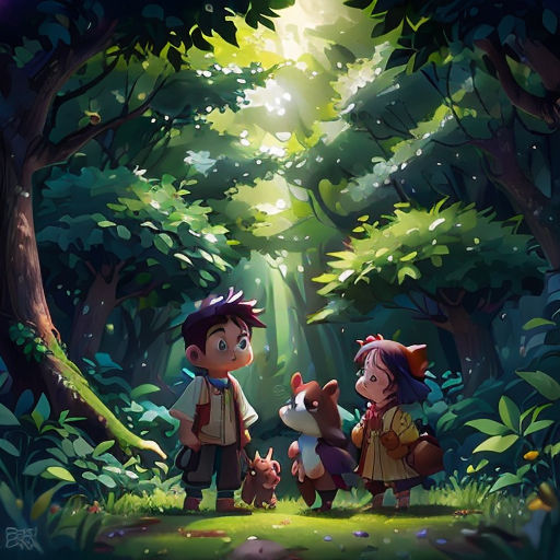 a couple of kids standing in the woods with a dog and bear in front of them, with a light shining through the trees