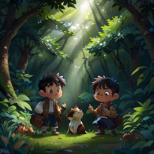 two children in the woods with a cat and dog in front of them, with a light coming from the trees
