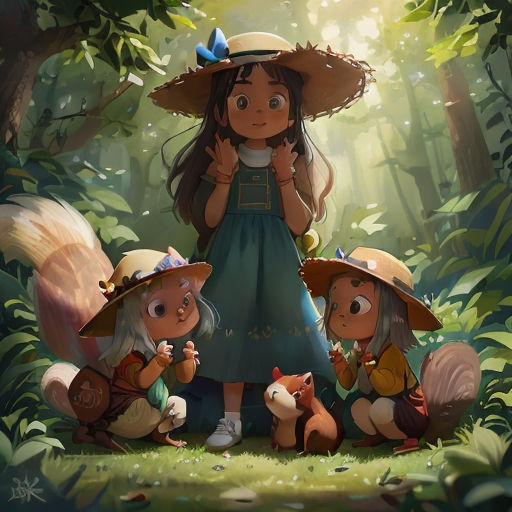 a group of children in a forest with a girl holding a hat and two other children sitting on the ground