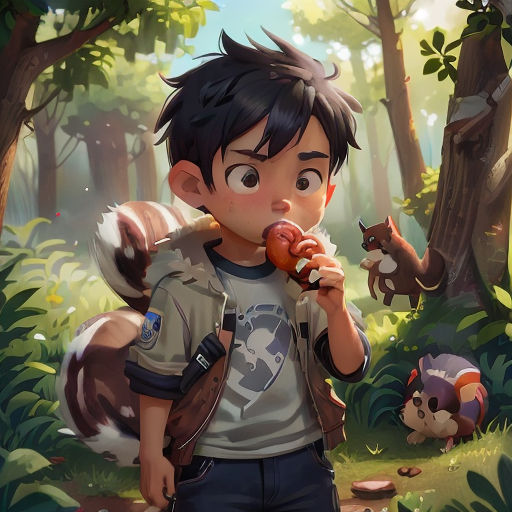 a boy eating a hot dog in a forest with a squirrel on his back and a squirrel on his shoulder