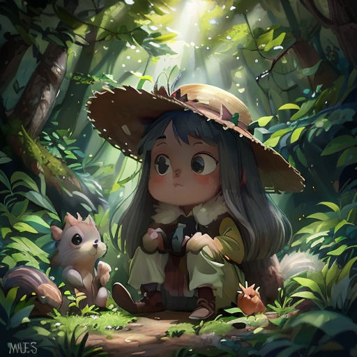 a girl with a hat sitting in the woods with a squirrel and a squirrel on her lap, with a light shining through the trees