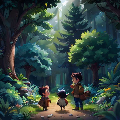 a couple of kids walking through a forest next to a forest filled with trees and bushes, with a forest scene in the background
