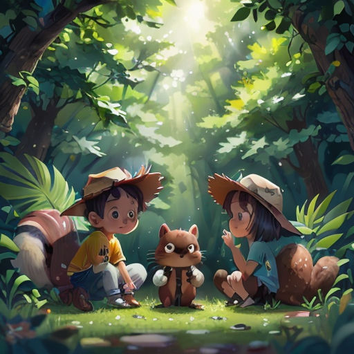 two children sitting in the woods with a cat and a squirrel on the ground, with a light shining through the trees