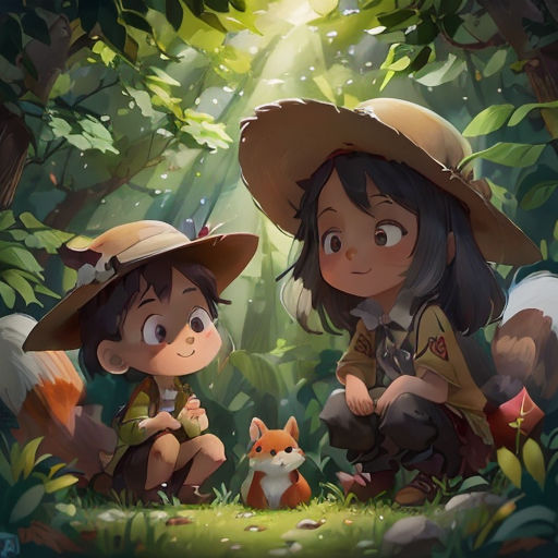 two children in hats sitting in the woods with a fox and a fox cub on the ground, with a light shining through the trees