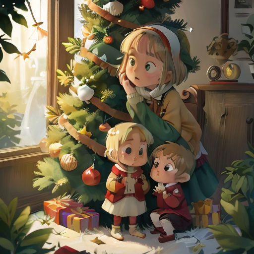 a woman and two children standing in front of a christmas tree with presents on it and a christmas tree in the background