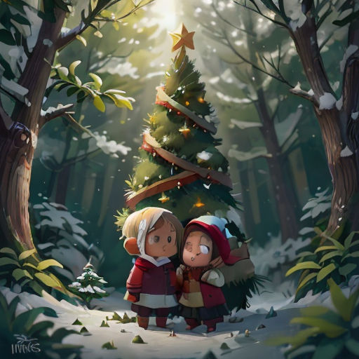 two children standing in front of a christmas tree in the woods with a star on top of it and a star on the top of the tree