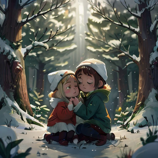 two children are sitting in the snow in a forest with trees and snow on the ground, one of them kissing the other