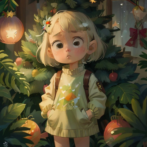 a little girl standing in front of a christmas tree with ornaments on it and a star on her head