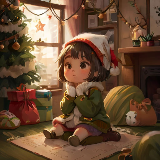 a little girl sitting on a rug in front of a christmas tree with presents around her and a christmas tree in the background