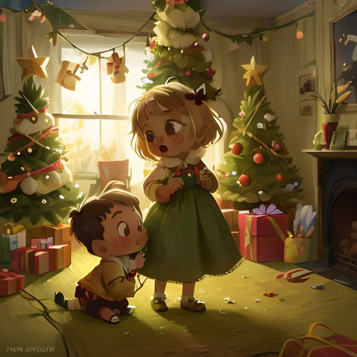 a little girl and a boy are standing in front of a christmas tree with presents on the floor and a christmas tree in the background
