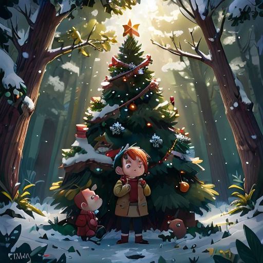 a boy standing in front of a christmas tree with a teddy bear in front of it and a star on the top of the tree