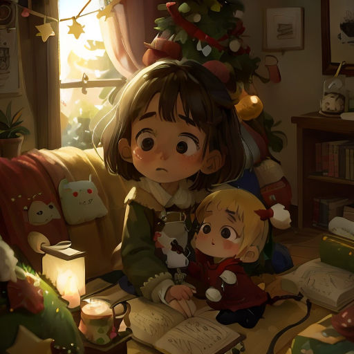a little girl sitting on a couch next to a little boy in a living room with a christmas tree