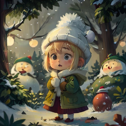 a little girl standing in the snow with a bunch of snowmen behind her and a snowman behind her