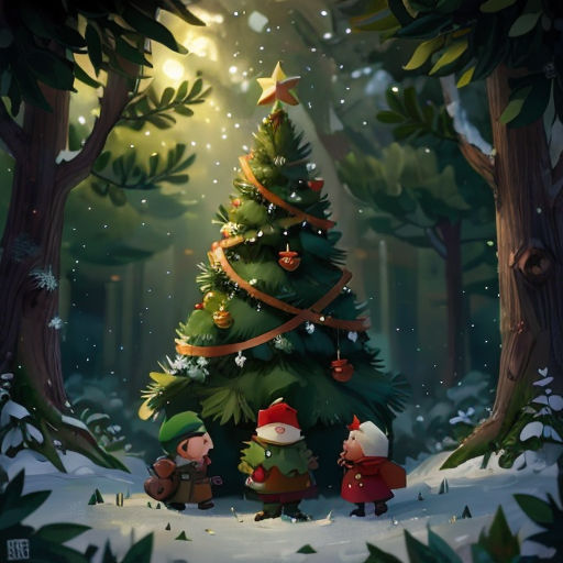 a christmas tree with two gnomes around it in the woods with a star on top of it and a star on the top of it