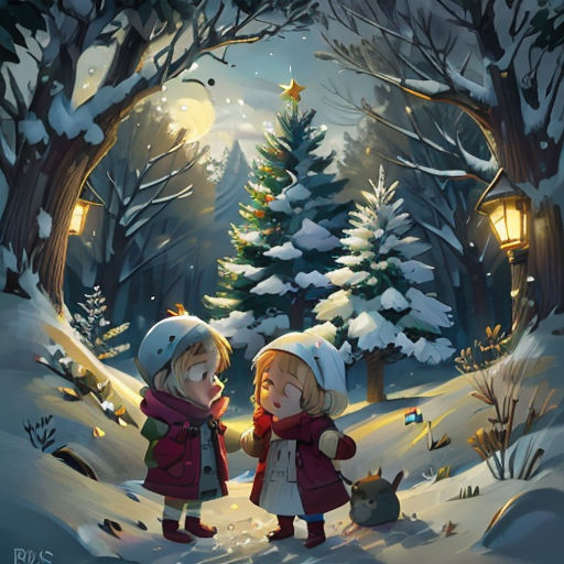 two little girls standing in the snow near a christmas tree with a star on it's tree stand