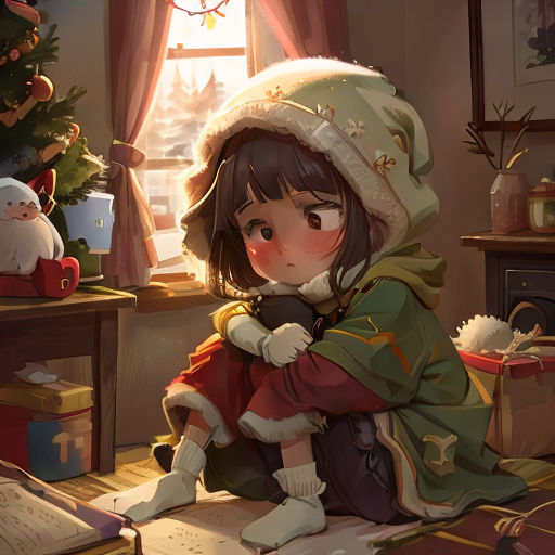 a little girl sitting on the floor next to a christmas tree and a christmas tree with presents on it