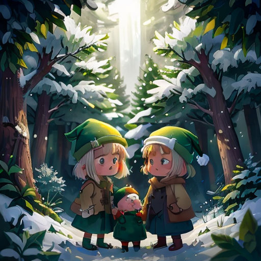 two girls in green coats standing in the snow in front of a forest with snow on the ground and trees