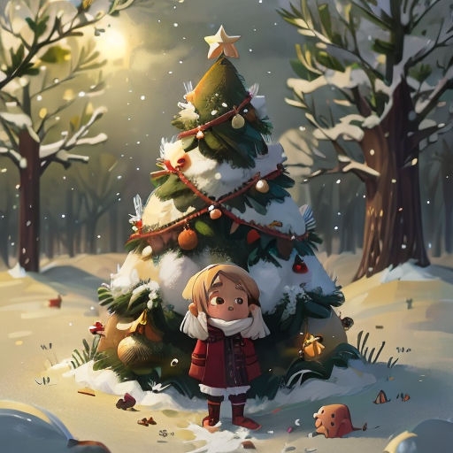 a little girl standing in front of a christmas tree in the snow with a star on top of it