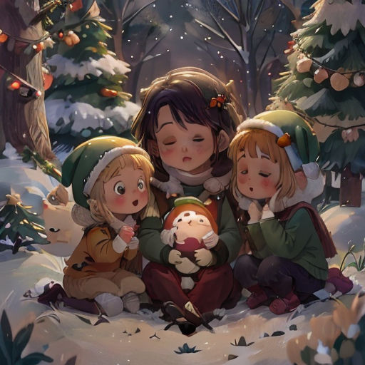 three children sitting in the snow with a christmas tree in the background and a baby in the foreground