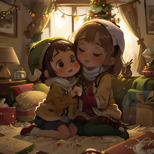 two children sitting on a bed with christmas presents in the background and a christmas tree in the corner of the room