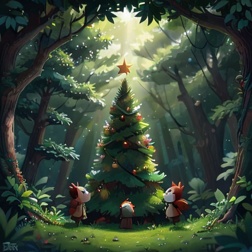 a forest with a christmas tree and two foxes in the foreground, and a star on the top of the tree