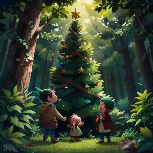 a couple of kids standing in front of a christmas tree in a forest with a star on it's top