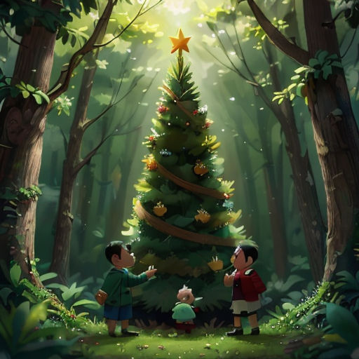 a christmas tree with two children standing in front of it in the woods with a star on top of it