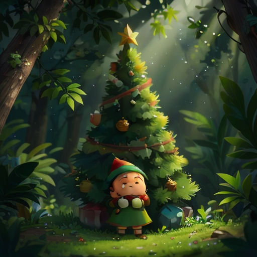 a little elf is standing in front of a christmas tree in the forest with a star on it's head