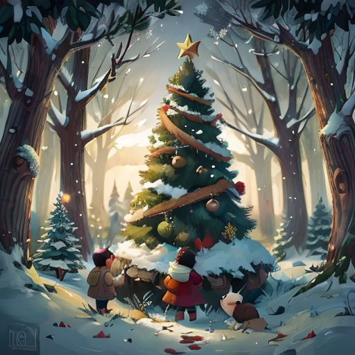 a christmas tree with people around it in the snow with a star on top of it and a star on the top of it